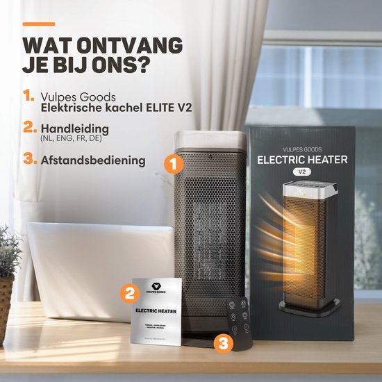 Vulpes Goods® Tech - Elektrische Kachel - Ventilatorkachel - Keramische Kachel - 4 Standen - 2000W - Timer, Afstandsbediening & Thermostaat - Heater - Elektrische Verwarming voor Binnen - Zwart