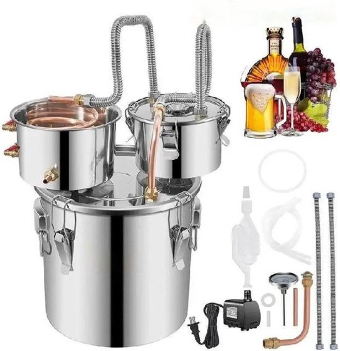 Professioneel Destilleerapparaat – Destilleerketel – Etherische Olie – 12L Inhoud – Alcohol Destilleerder – Roestvrij Staal – Compact Design – Zilver
