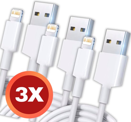 3x Oplader - Geschikt voor Lightning naar USB A Kabel - Oplaadkabel geschikt voor iPhone X/11/12/13/14 - Opladers - Wit