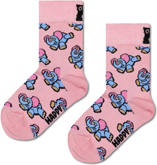 Twee roze Happy Socks voor kinderen met blauwe olifanten en de tekst 'HAPPY'.