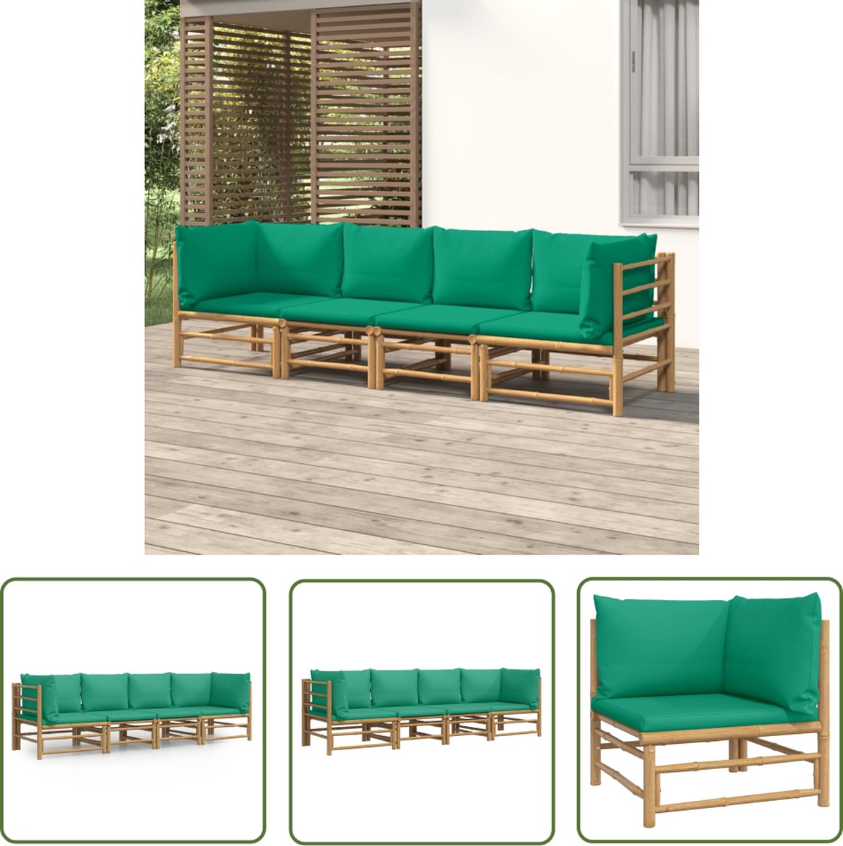 Bamboe loungeset met groene kussens - The Living Store - Buitendecoratie.