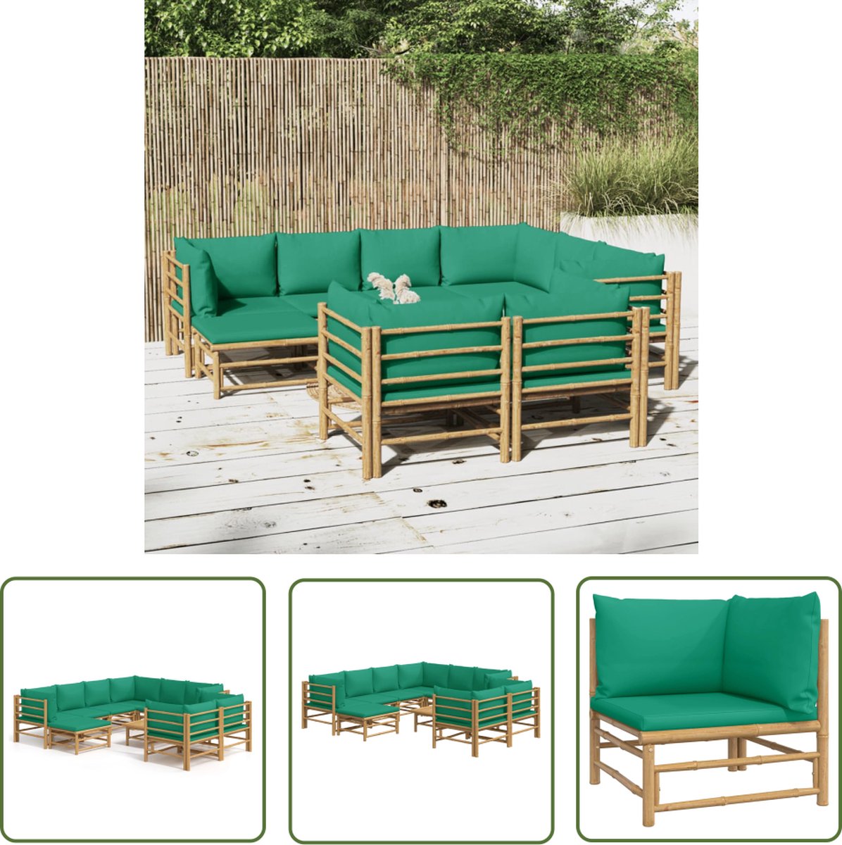 The Living Store 10-delige Loungeset met kussens bamboe groen - Bamboetuinset - Lounge Set - Buisensets - Outdoor Furniture - Tuinbank