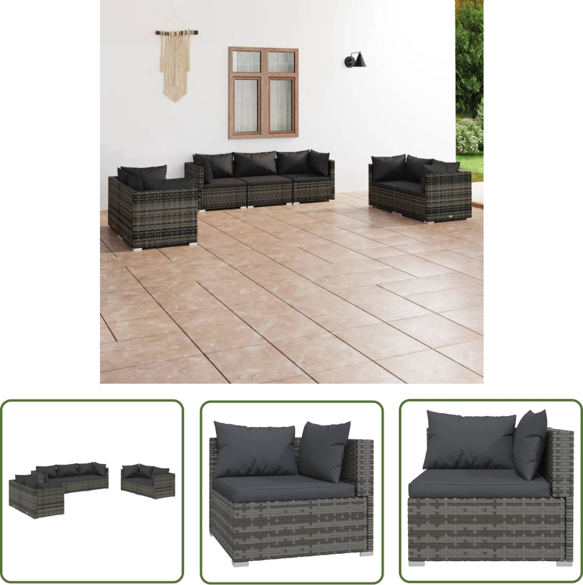 Grijze poly rattan loungeset met kussens voor tuinmeubels en relaxfauteuil.
