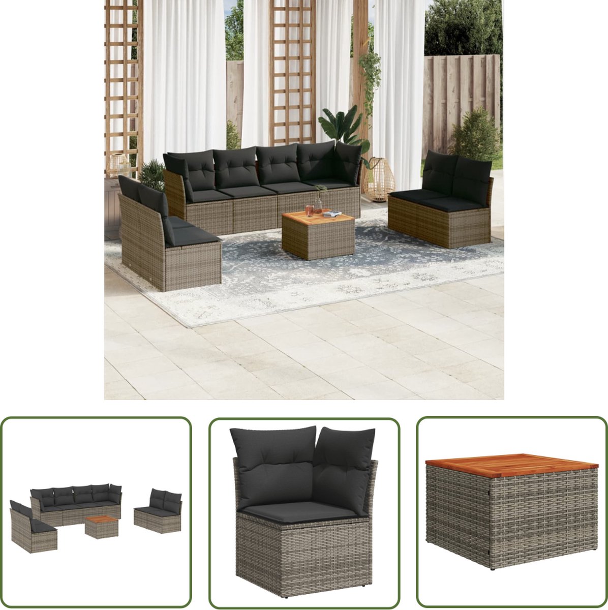The Living Store 9-delige Loungeset met kussens poly rattan grijs - Loungeset - Tuinlounge - Buitendecoratie - Loungemeubels - Tuinmeubelen