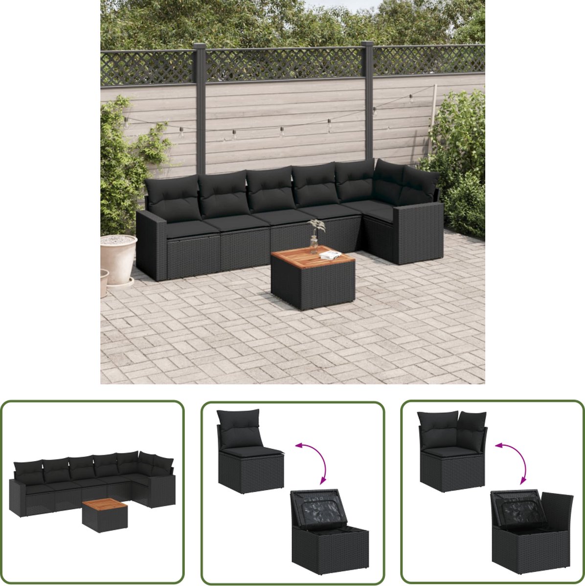 Zwarte poly rattan loungeset met kussens voor buiten - The Living Store.
