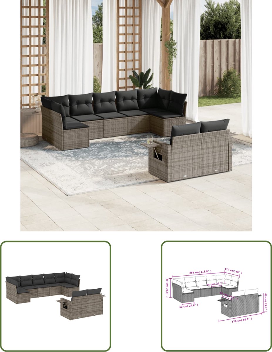 The Living Store 9-delige Loungeset met kussens poly rattan grijs - Loungeset - Tuinset - Lounge Set - Buitendecoratie - Tuinmeubels