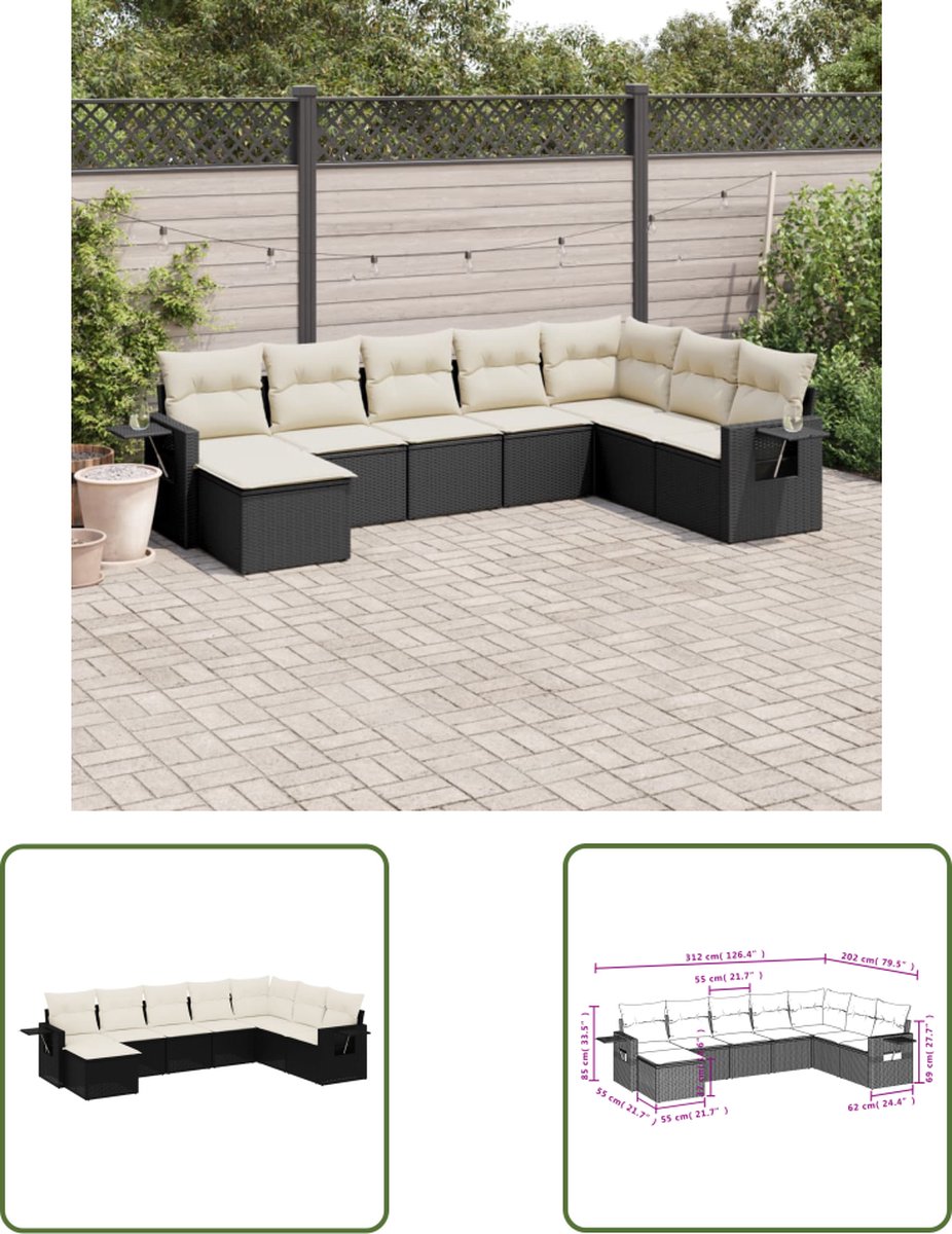 Zwarte poly rattan loungeset met kussens voor tuin - The Living Store.