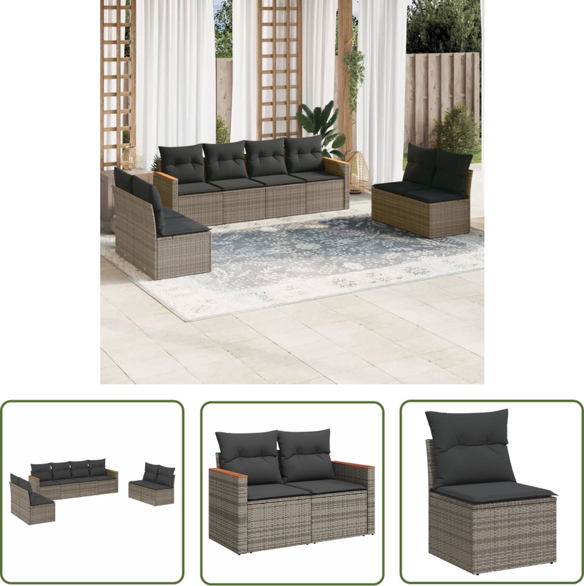 The Living Store 8-delige Loungeset met kussens poly rattan grijs - Loungeset - Tuinset - Lounge Set - Tuinmeubels - Buitendecoratie