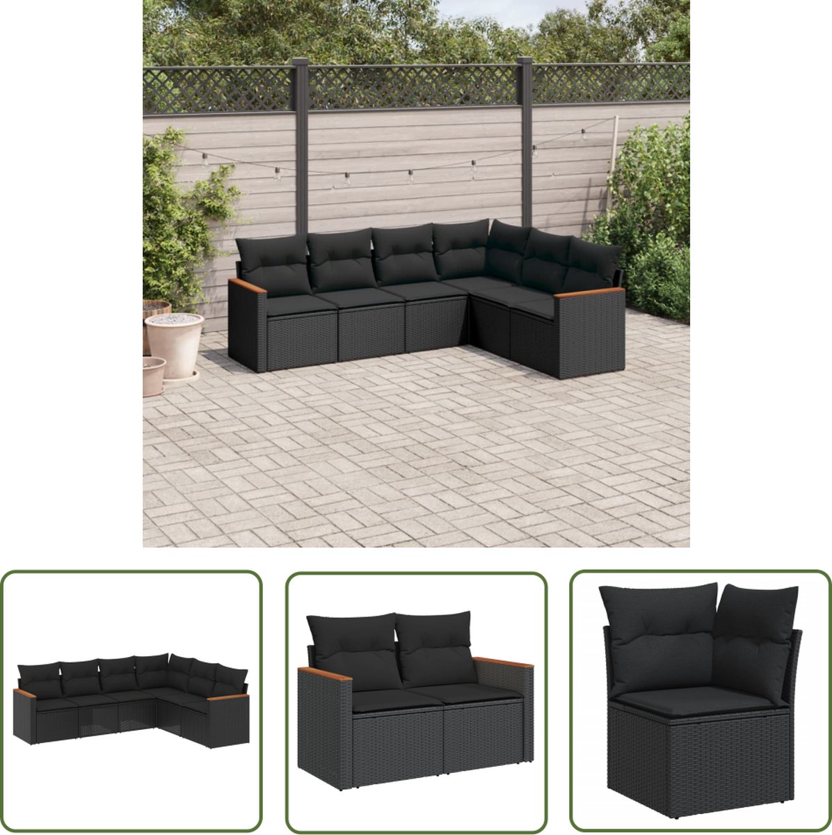 The Living Store 6-delige Loungeset met kussens poly rattan zwart - Loungebank - Lounge Set - Tuinset - Buitendecoratie - Outdoor Furniture