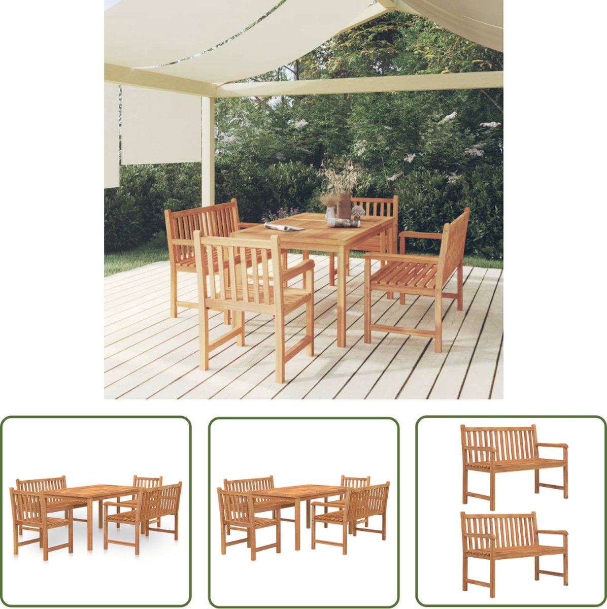 The Living Store 5-delige Tuinset massief teakhout - Eetkamerset - Teak - Buitendecoratie - Tuinbank - Tuintafel