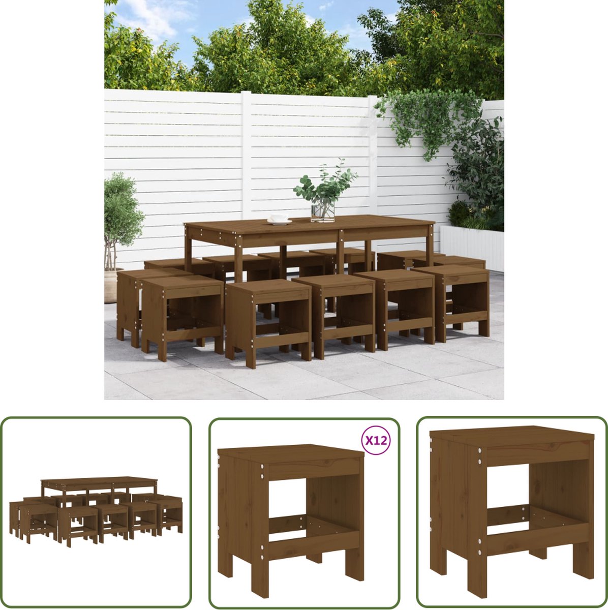 The Living Store 13-delige Tuinset massief grenenhout honingbruin - Tuinset - Tuintafel - Tuinkrukken - Grenenhout - Outdoor Furniture