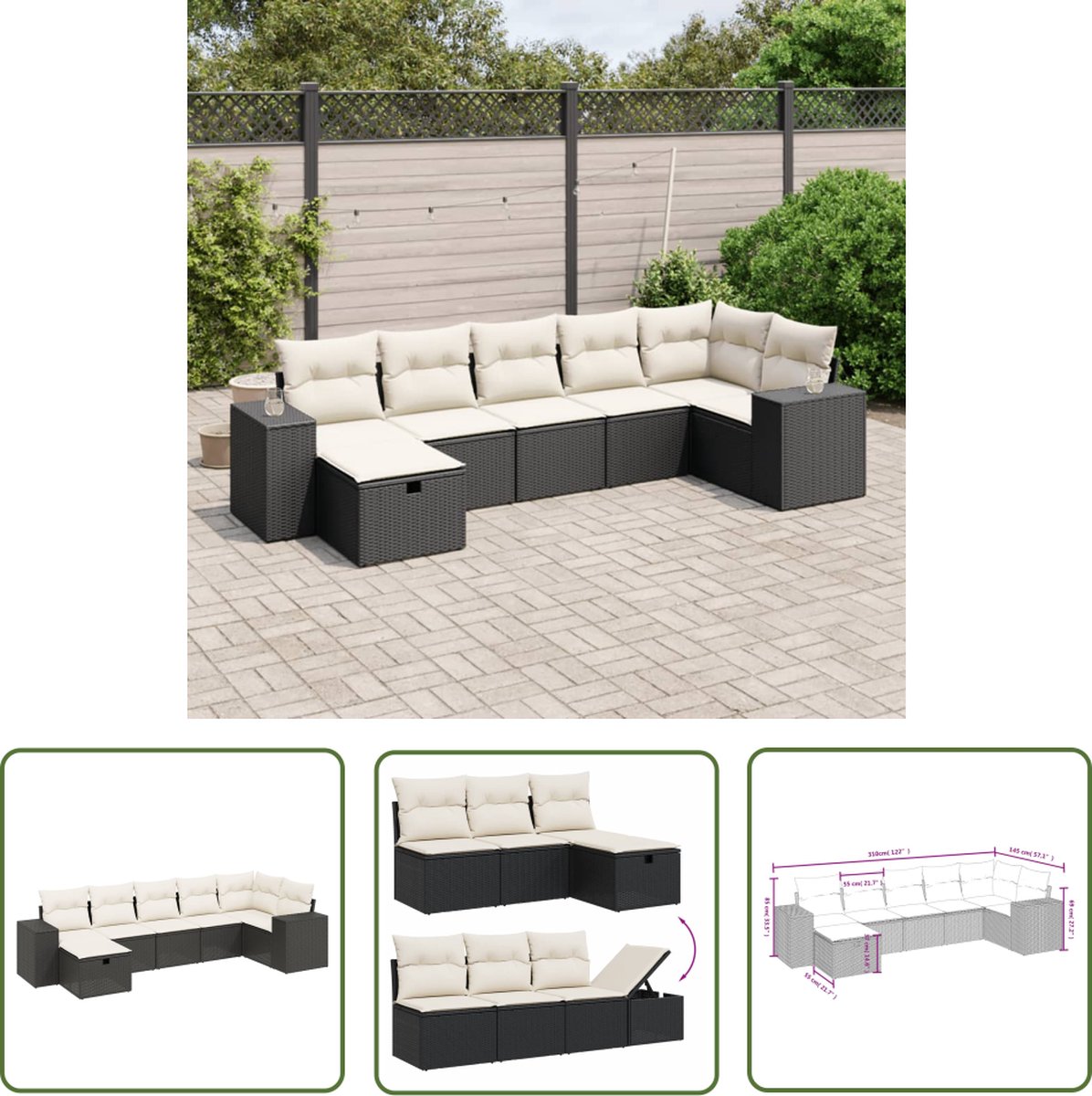 The Living Store 7-delige Loungeset met kussens poly rattan zwart - Loungebank - Tuinlounge - Buitendecoratie - Loungeset - Outdoor Furniture