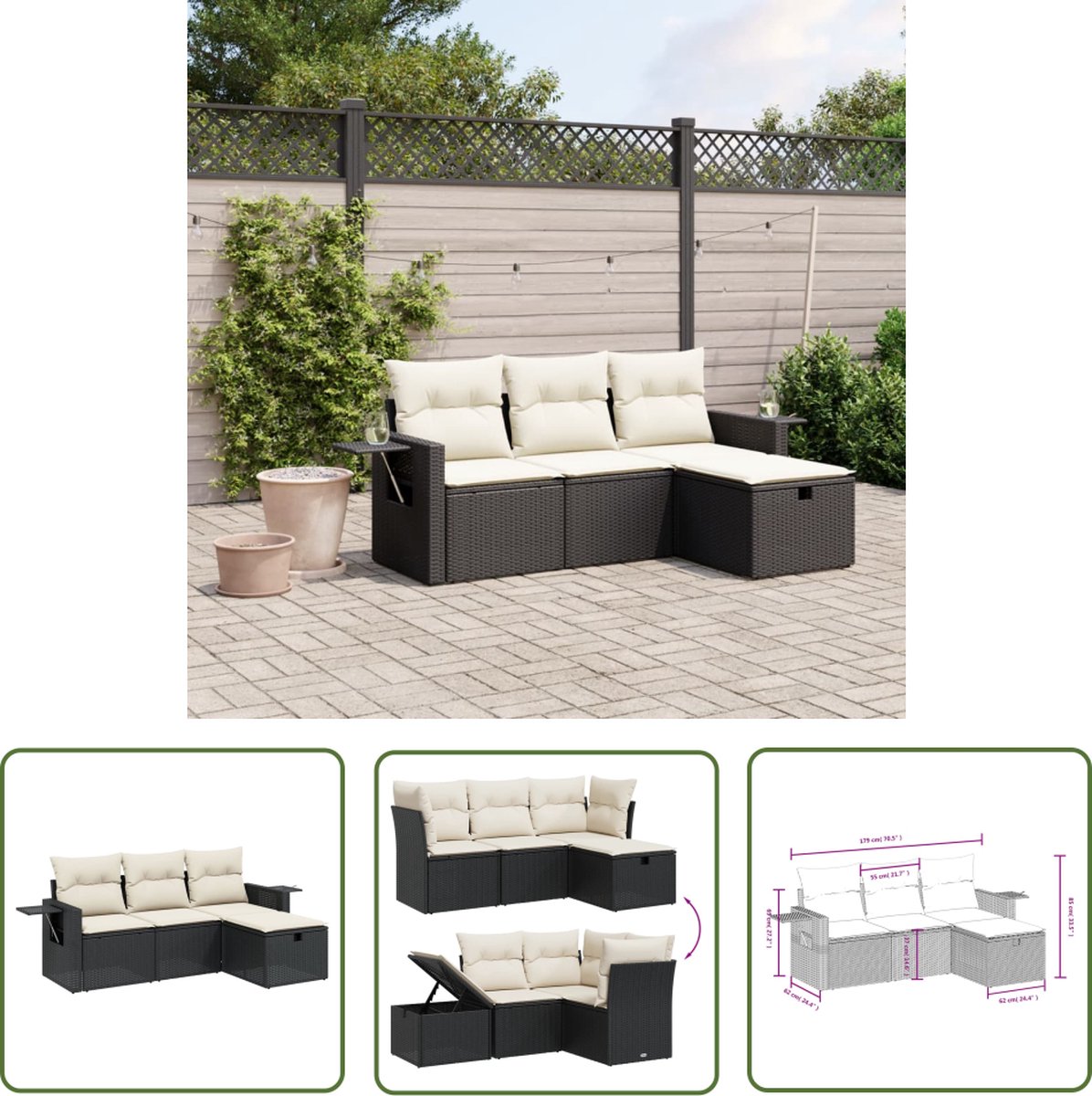 Zwarte poly rattan loungeset met kussens voor buiten - The Living Store.