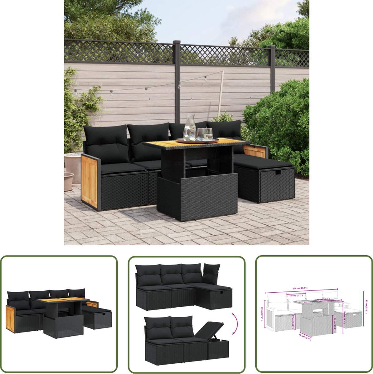 The Living Store 6-delige Loungeset met kussens poly rattan zwart - Tuinlounge - Lounge Set - Buitendecoratie - Outdoor Furniture - Loungebank