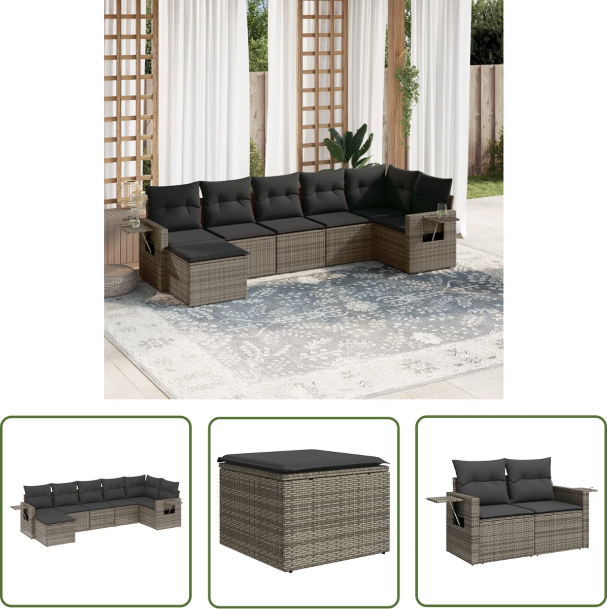The Living Store 7-delige Loungeset met kussens poly rattan grijs - Loungeset - Set Tuinset - Tuinlounge - Loungehoek - Outdoor Furniture