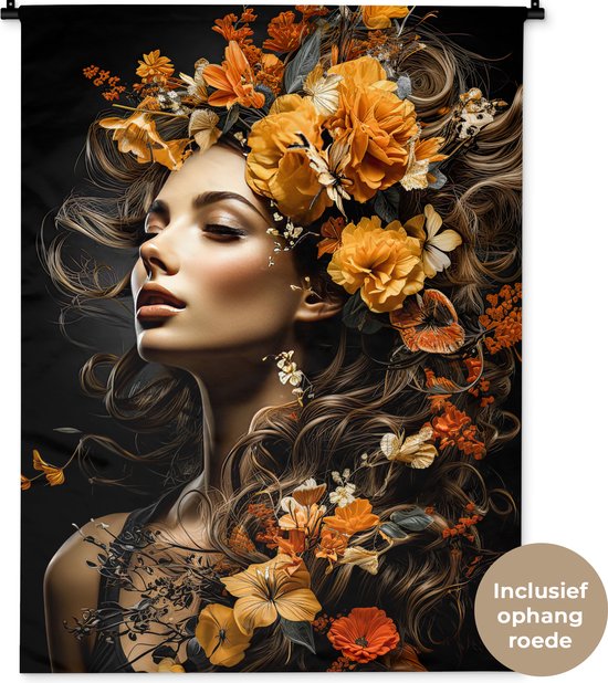 Wandkleed 90x120 cm - Wanddoek Vrouw - Portret - Bloemen - Kleurrijk - Wandtapijt - Wandkleden