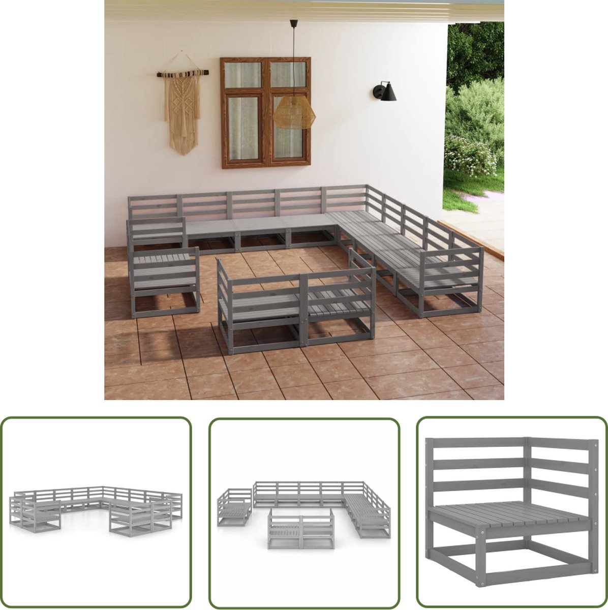 The Living Store 13-delige Loungeset massief grenenhout - Loungeset - Tuinset - Houten Lounge - Buitendecor - Tuinmeubel