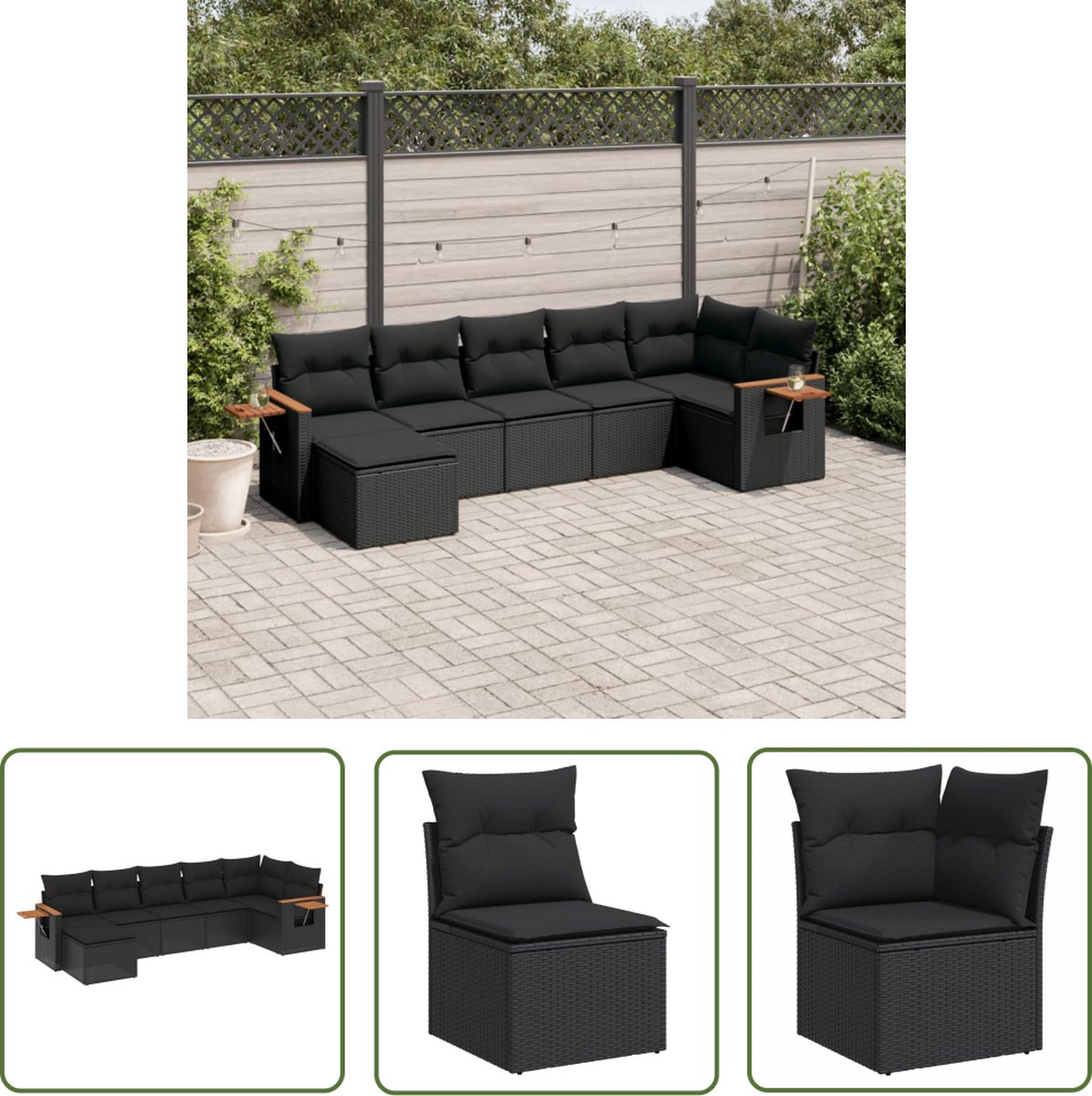 Zwarte poly rattan loungeset met kussens voor buiten - The Living Store.