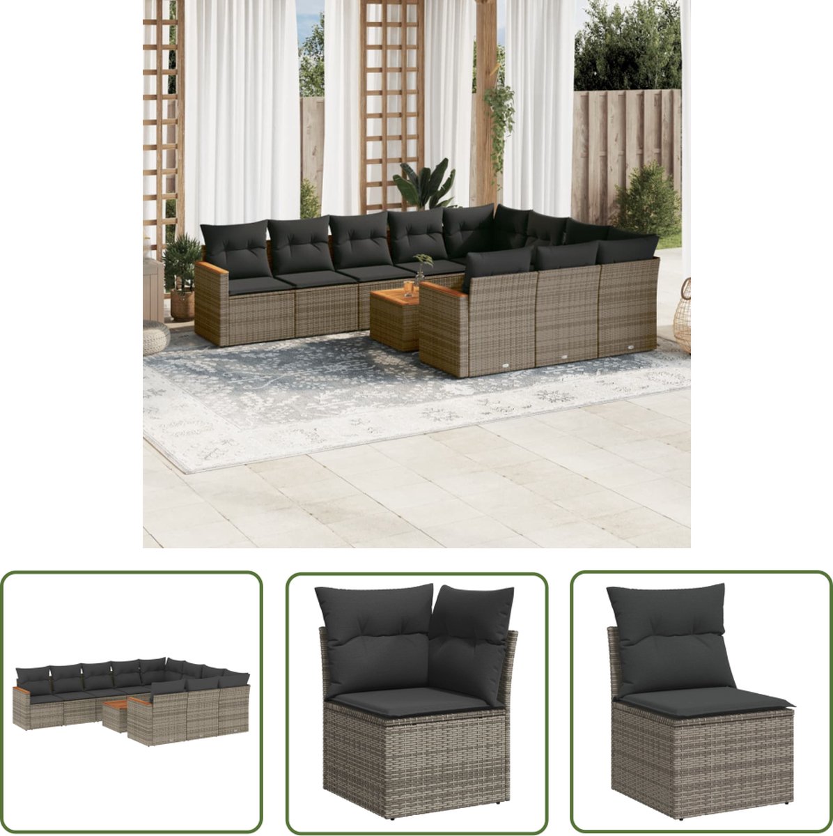 Grijze poly rattan loungeset met kussens voor buiten - The Living Store.