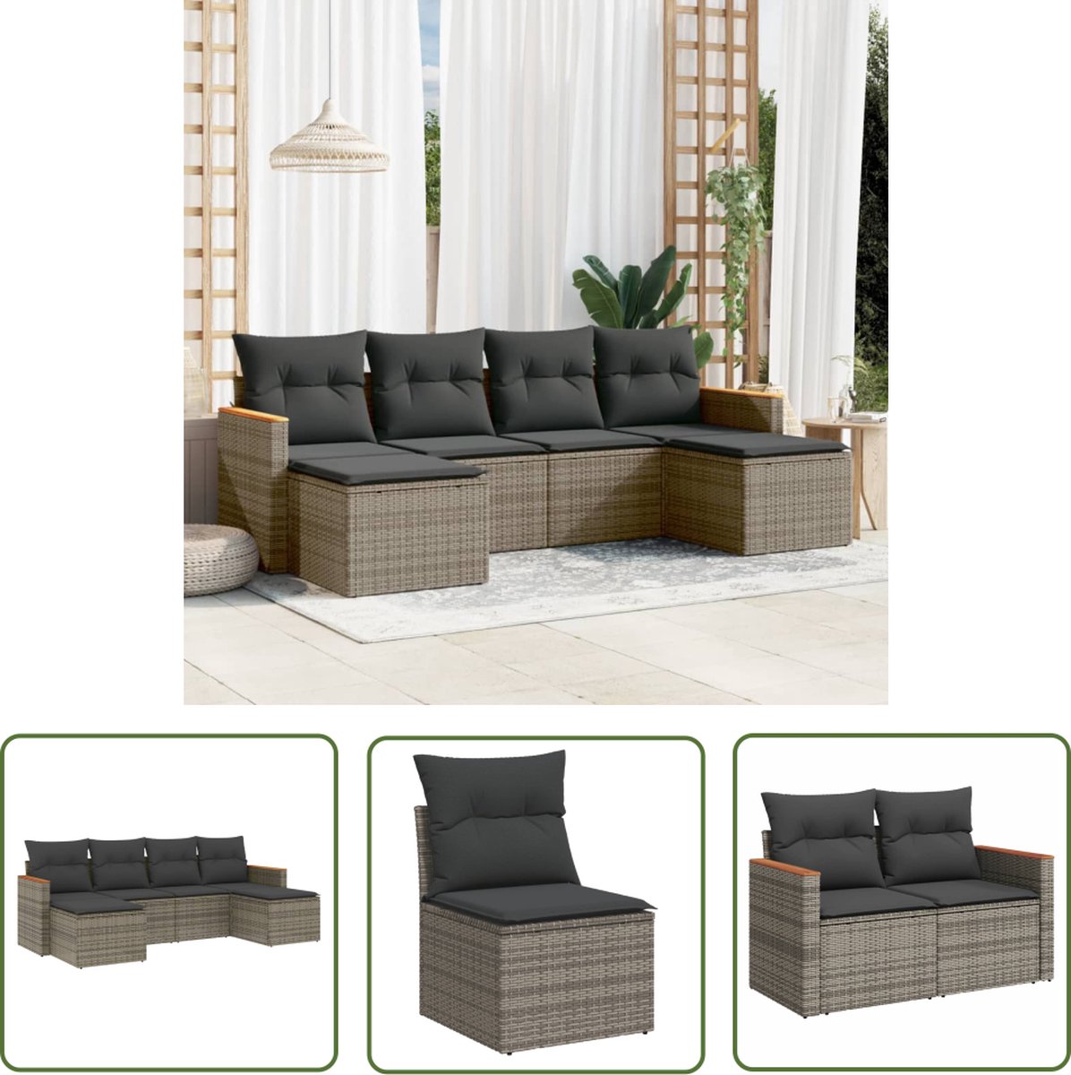 Grijze poly rattan loungeset met kussens voor buiten - The Living Store.