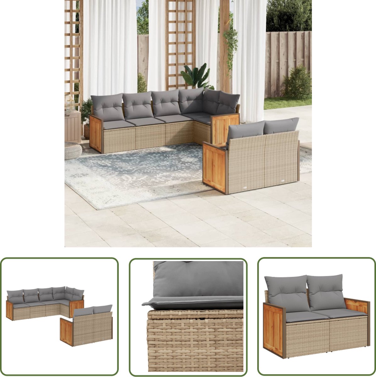 The Living Store 7-delige Loungeset met kussens poly rattan beige - Tuinlounge - Loungebank - Buis Meubel - Outdoor Furniture - Tuinset
