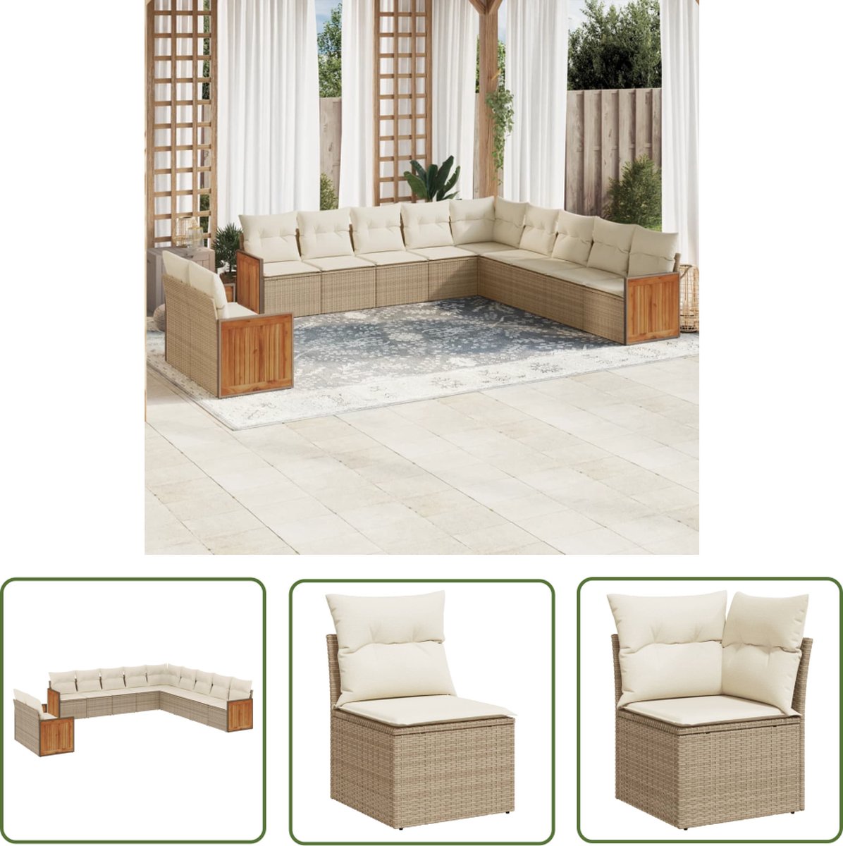The Living Store 11-delige Tuinset met kussens poly rattan beige - Loungeset - Tuinset - Lounge Set - Buitendecoratie - Garden Furniture