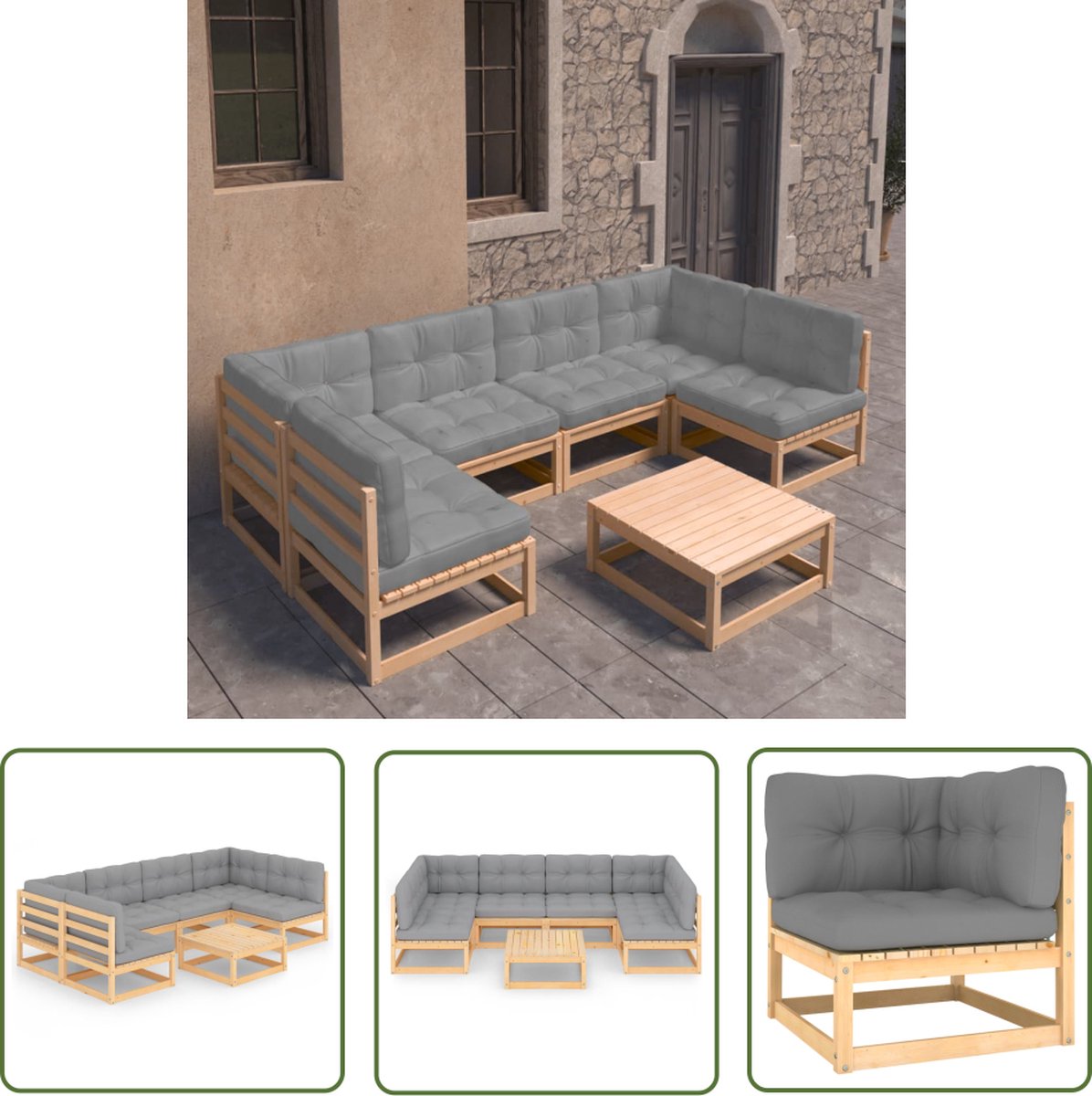 The Living Store 7-delige Loungeset met kussens massief grenenhout - Loungeset - Tuinset - Houten Lounge - Grenenhout - Buitendecor