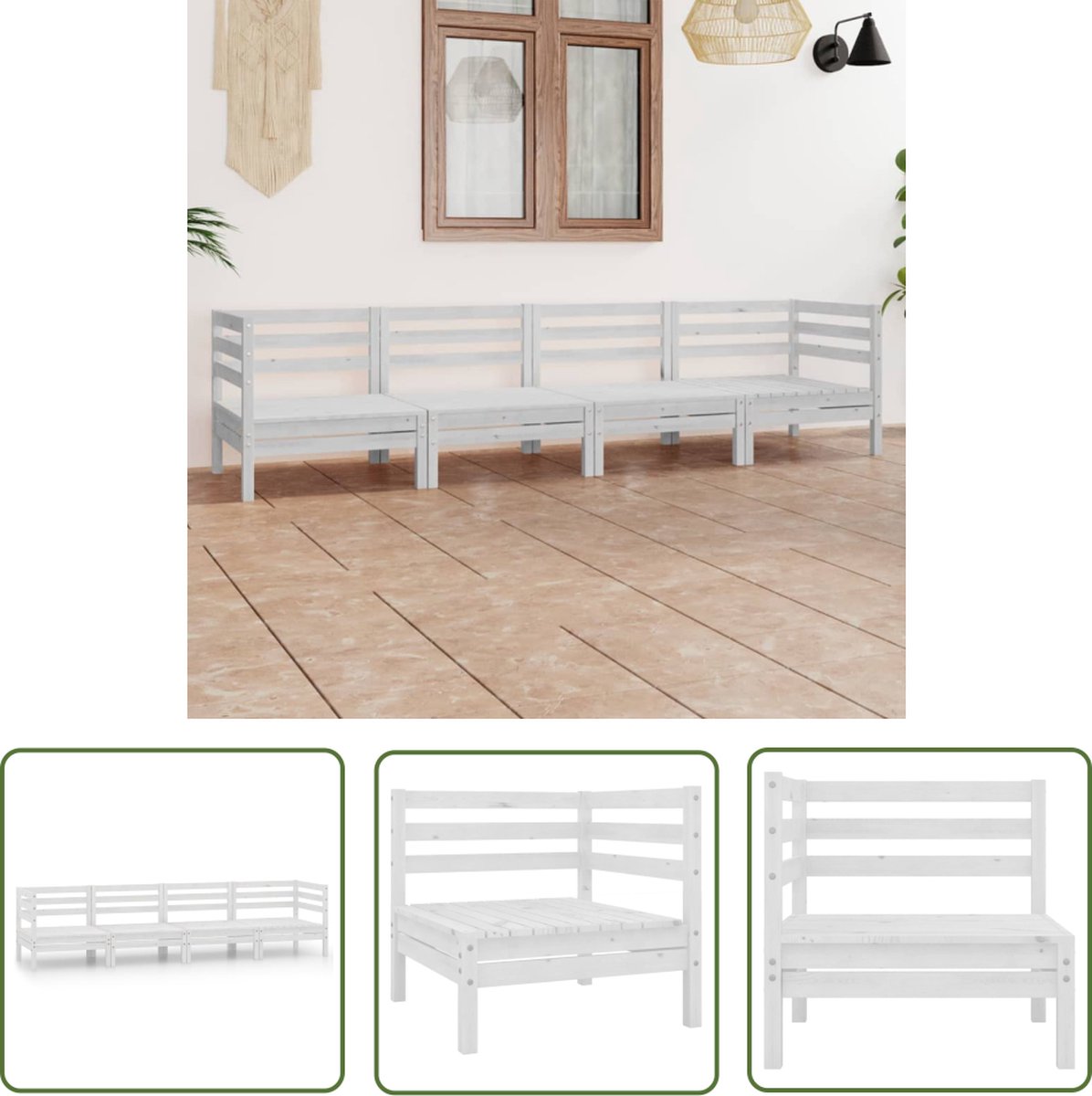 The Living Store 4-delige Loungeset massief grenenhout wit - Tuin Lounge Set - Houten Loungestoel - Buis Stoffen Bank - Zitgelegenheid - Outdoor Furniture
