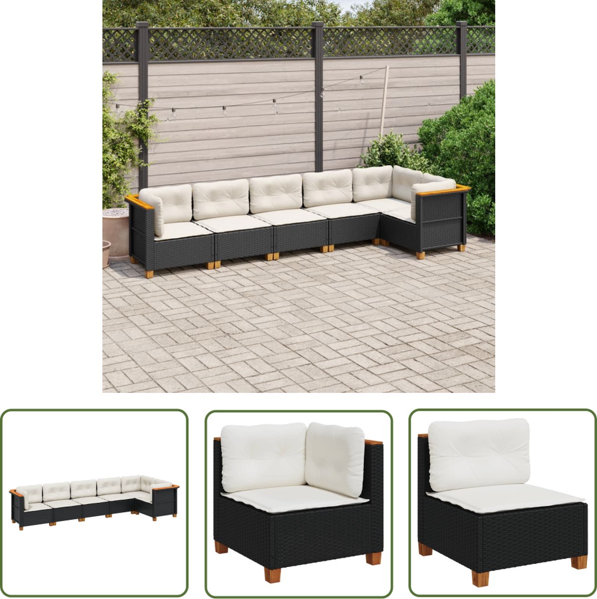 Zwarte poly rattan loungeset met kussens voor buiten van The Living Store.
