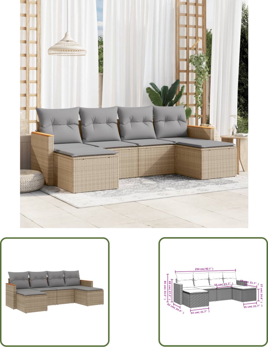 The Living Store 6-delige Loungeset met kussens poly rattan beige - Tuin Lounge Set - Loungebank - PE Rattan - Buitendecoratie - Outdoor Furniture