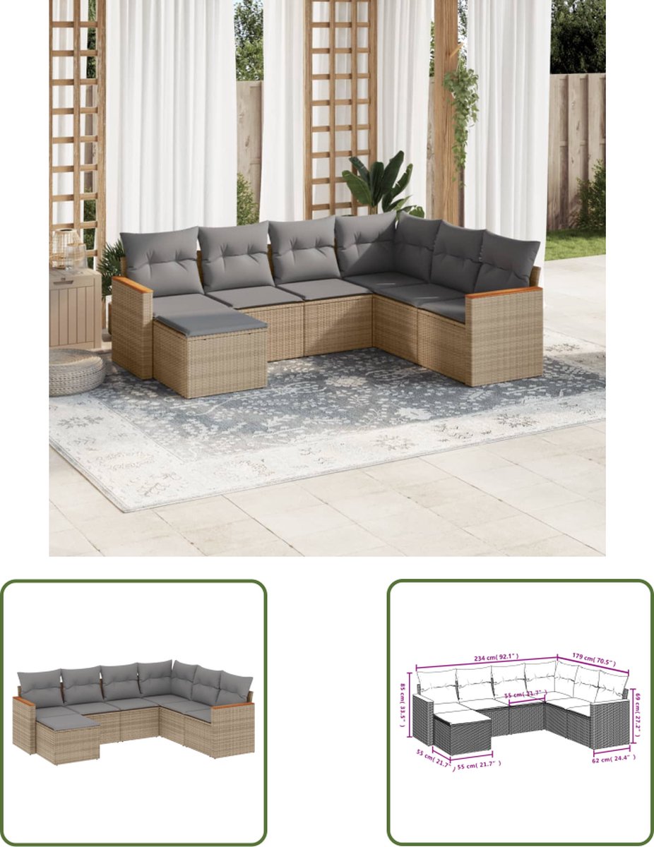 The Living Store 7-delige Loungeset met kussens poly rattan beige - Loungebank - Tuinset - Lounge Set - Buitendecoratie - Tuinmeubels