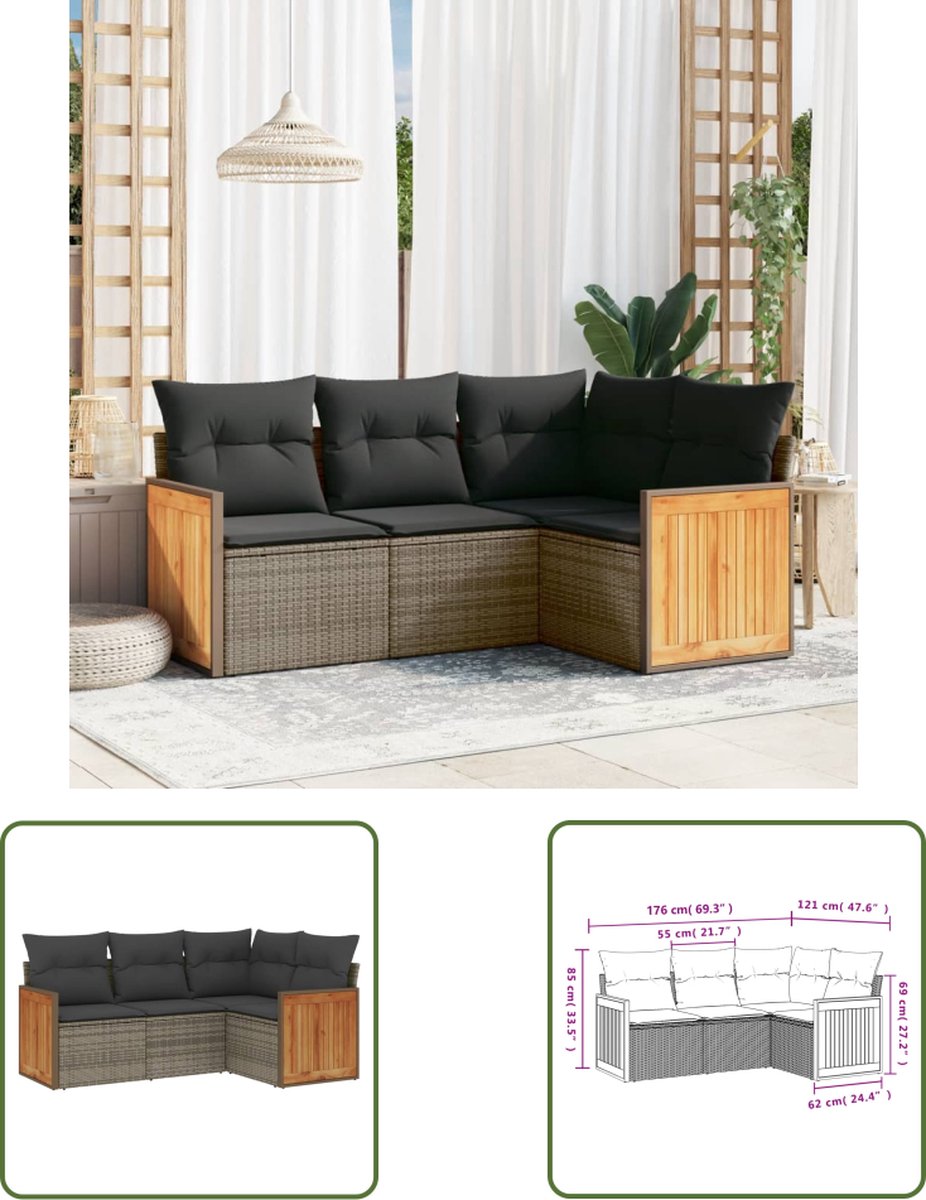 Grijze poly rattan loungeset met kussens voor buiten - The Living Store.