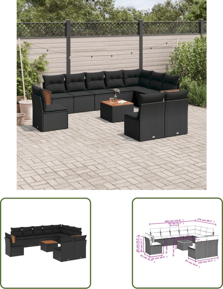 The Living Store 11-delige Loungeset met kussens poly rattan zwart - Loungebank - Lounge Set - Tuinbank - Buitendining - Outdoor Furniture