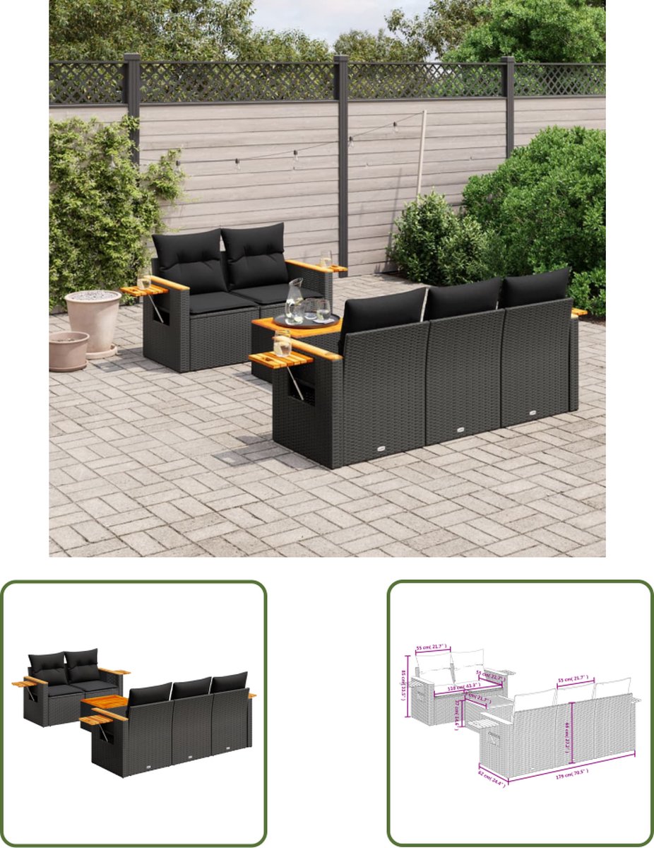 The Living Store 6-delige Loungeset met kussens poly rattan zwart - Loungeset - Lounge Set - Buitendecoratie - Tuinmeubels - Pe Rattan