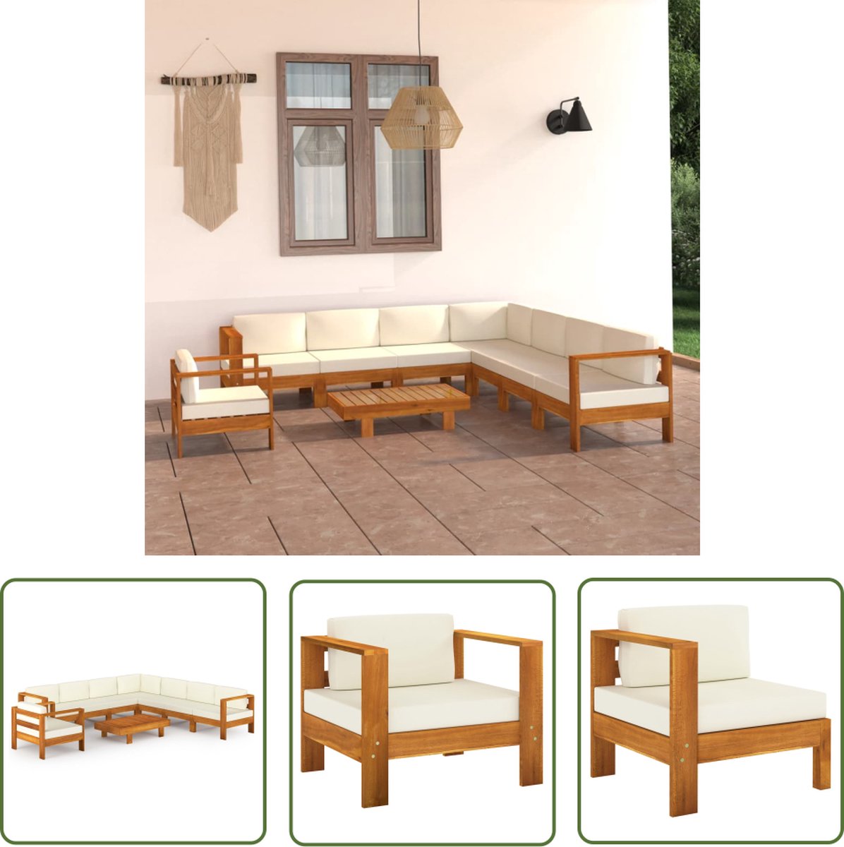 The Living Store 9-delige Loungeset met crèmewitte kussens acaciahout - Loungeset - Tuinset - Buitendecoratie - Acacia Hout - Lounge Bank