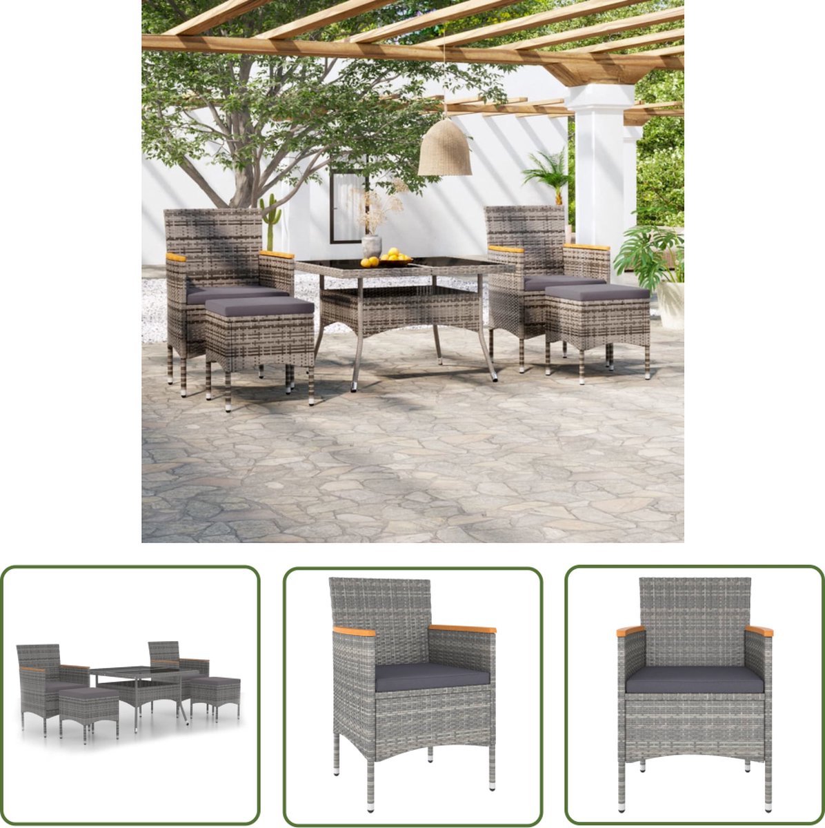 The Living Store 5-delige Tuinset poly rattan en gehard glas grijs - Eetkamer Set - Tuinset - Buitendecor - Poly Rattan - Grijze Eetkamerstoel