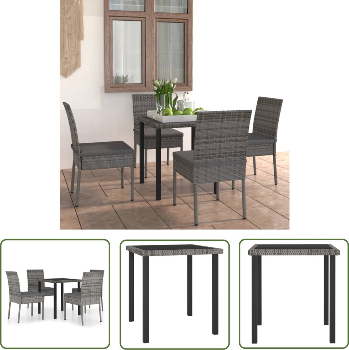 The Living Store 5-delige Tuinset poly rattan grijs - Tuinstoel - Tuintafel - Buitendecor - Lounge Set - Outdoor Meubels