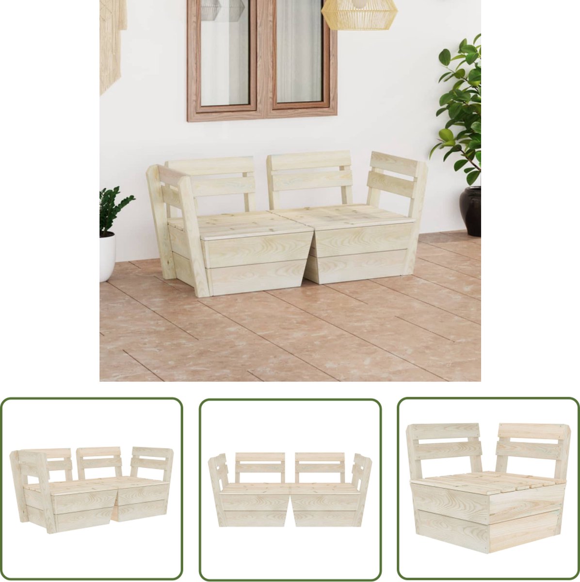 Moderne 2-zits palletbank van geïmpregneerd vurenhout in tuinsetting met loungeset en buitendecoratie.