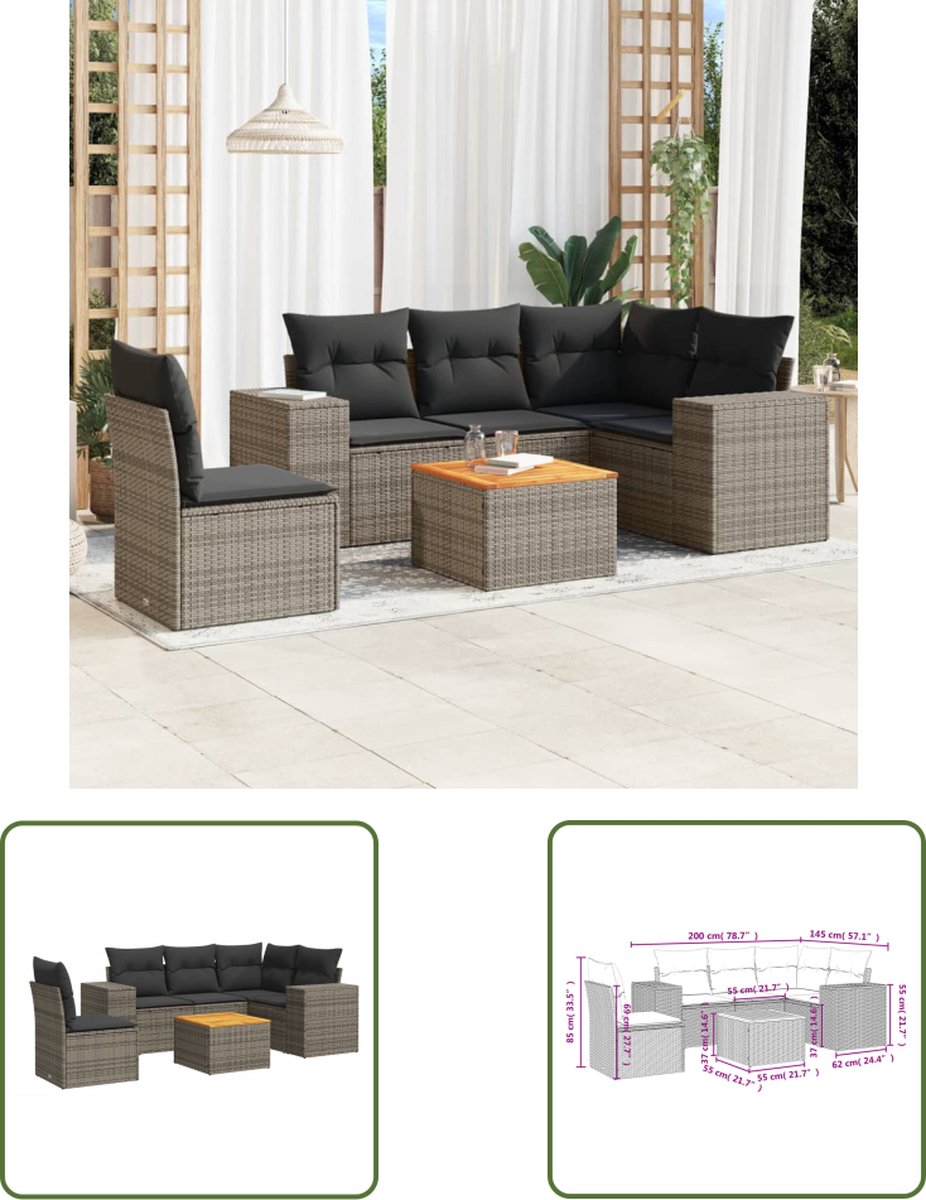 Grijze poly rattan loungeset met kussens voor buiten.