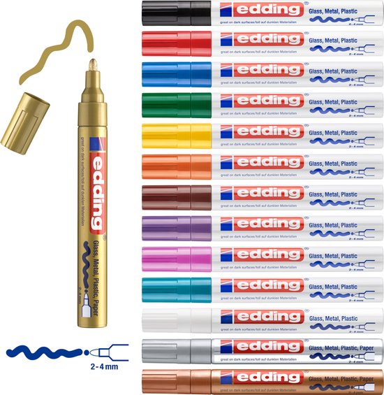 edding 750 verfstiften set alle 14 kleuren - 14 paint markers - ronde punt 2-4 mm - stiften voor markeren en labelen van vele ondergronden waaronder metaal, glass, steen of plastic - hittebestendig, permanent, veegvast en watervast