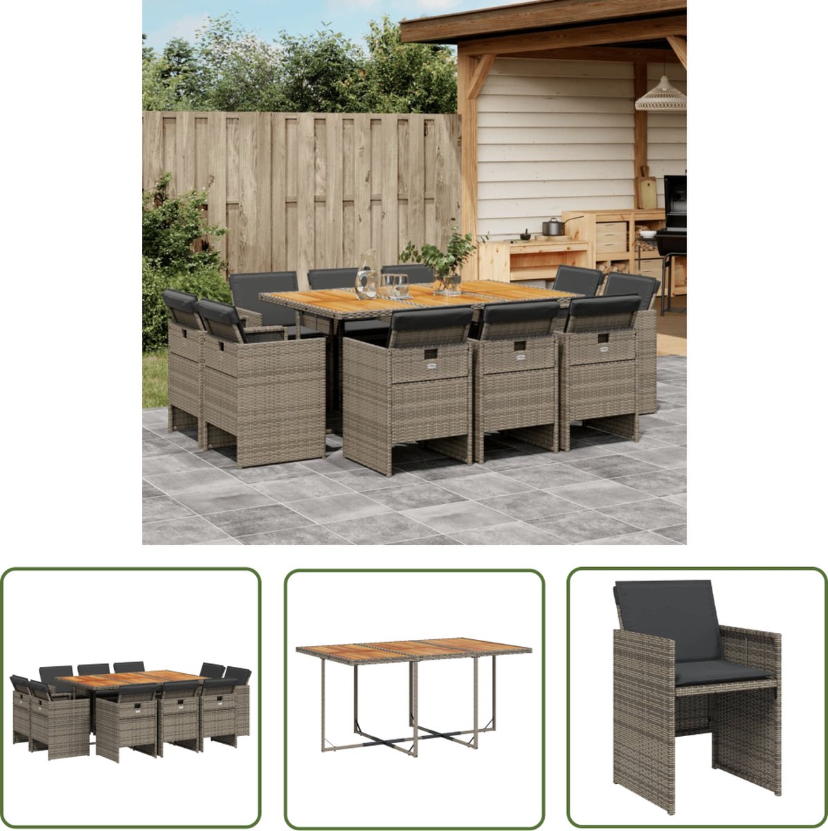 The Living Store 11-delige Tuinset met kussens poly rattan grijs - Tuin Set - Eetkamerset - Buitendecoratie - Lounge Set - Patio Furniture