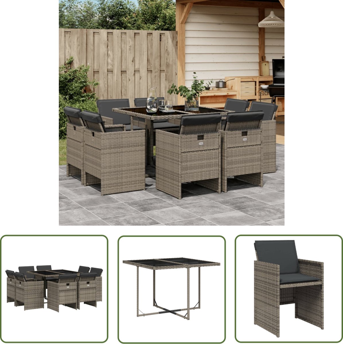 The Living Store 9-delige Tuinset met kussens poly rattan grijs - Tuinmeubels - Poly Rattan - Buitentafel - Eetkamerset - Lounge Set