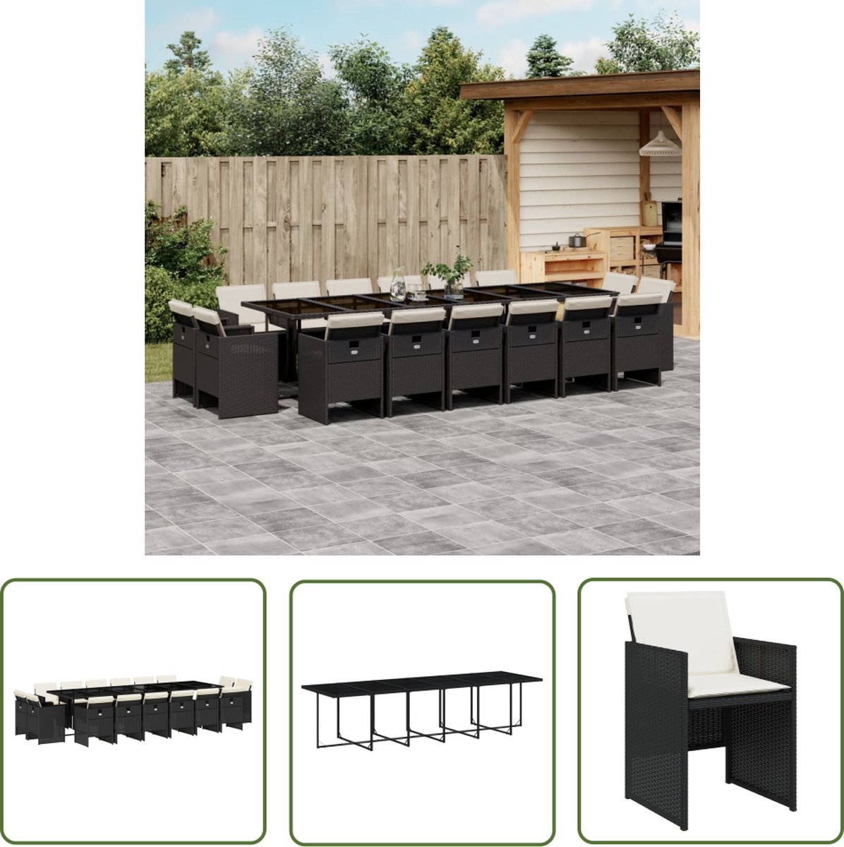 The Living Store 17-delige Tuinset met kussens poly rattan zwart - Tuinset - Buitenmeubel - Lounge Set - Eetkamerset - Ratan Set