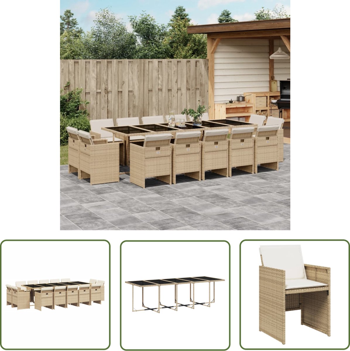 The Living Store 15-delige Tuinset met kussens poly rattan beige - Tuinmeubelen - Buitentijd - Lounge Set - Eetkamerset - Patio Furniture