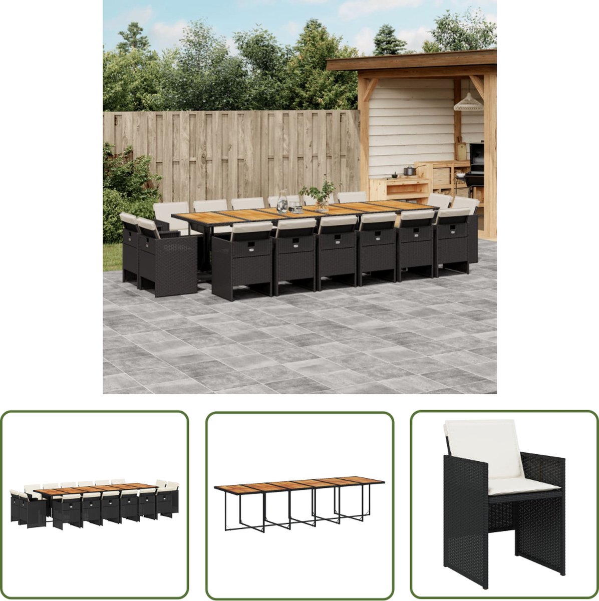 The Living Store 17-delige Tuinset met kussens poly rattan zwart - Tuinsets - Tuintafels - Buitentijnen - Lounge Sets - Outdoor Furniture