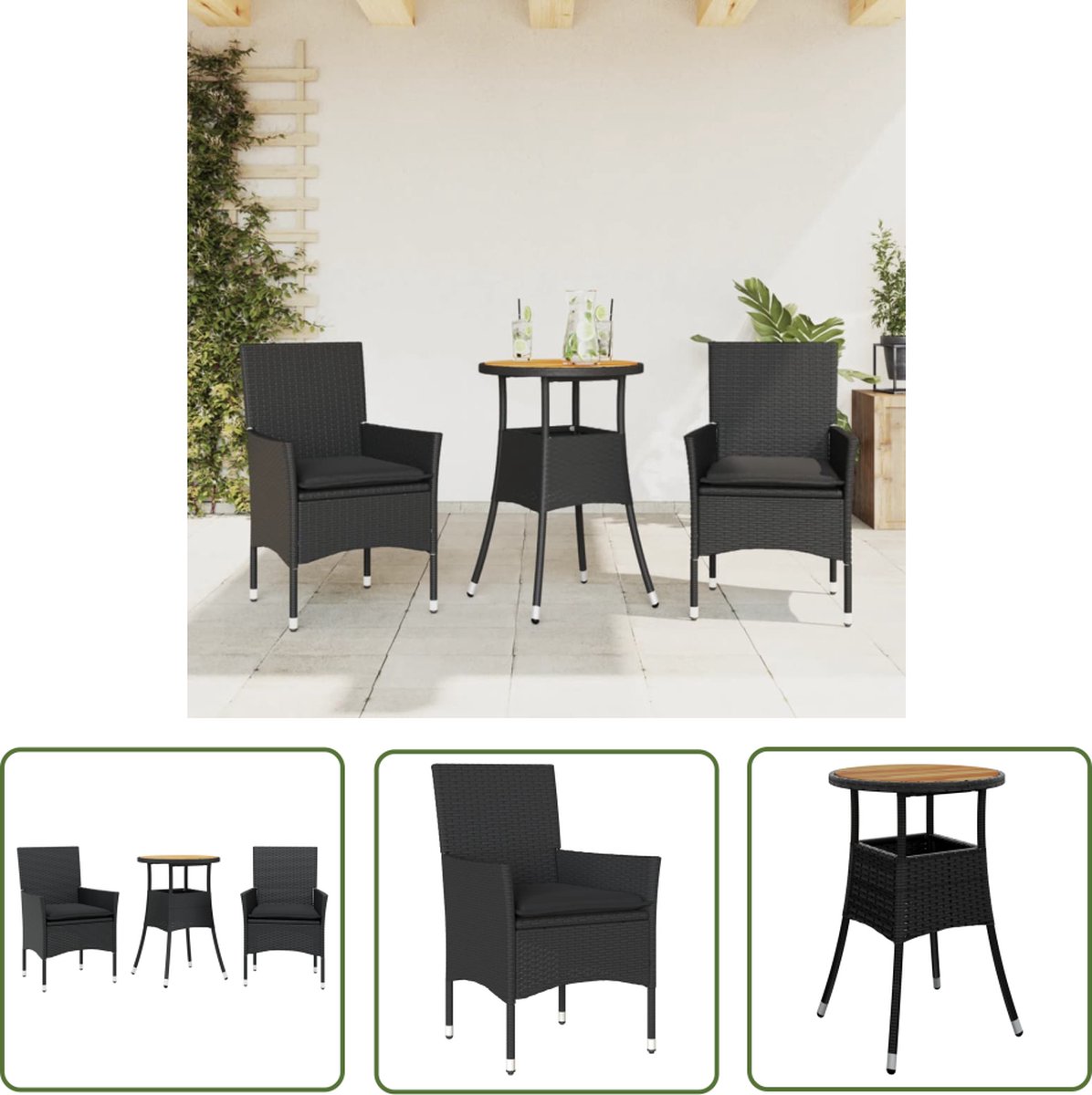 The Living Store 3-delige Tuinset met kussens poly rattan en acaciahout zwart - Tuinset - Bistroset - Buis Meubel - Outdoor Furniture - Lounge Set