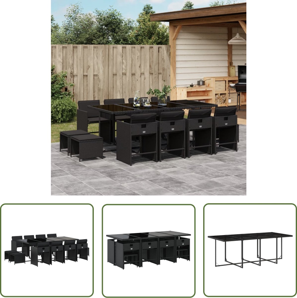 The Living Store 13-delige Tuinset met kussens poly rattan zwart - Tuinset - Patio Furniture - Buitendecoratie - Lounge Set - Eetkamerset