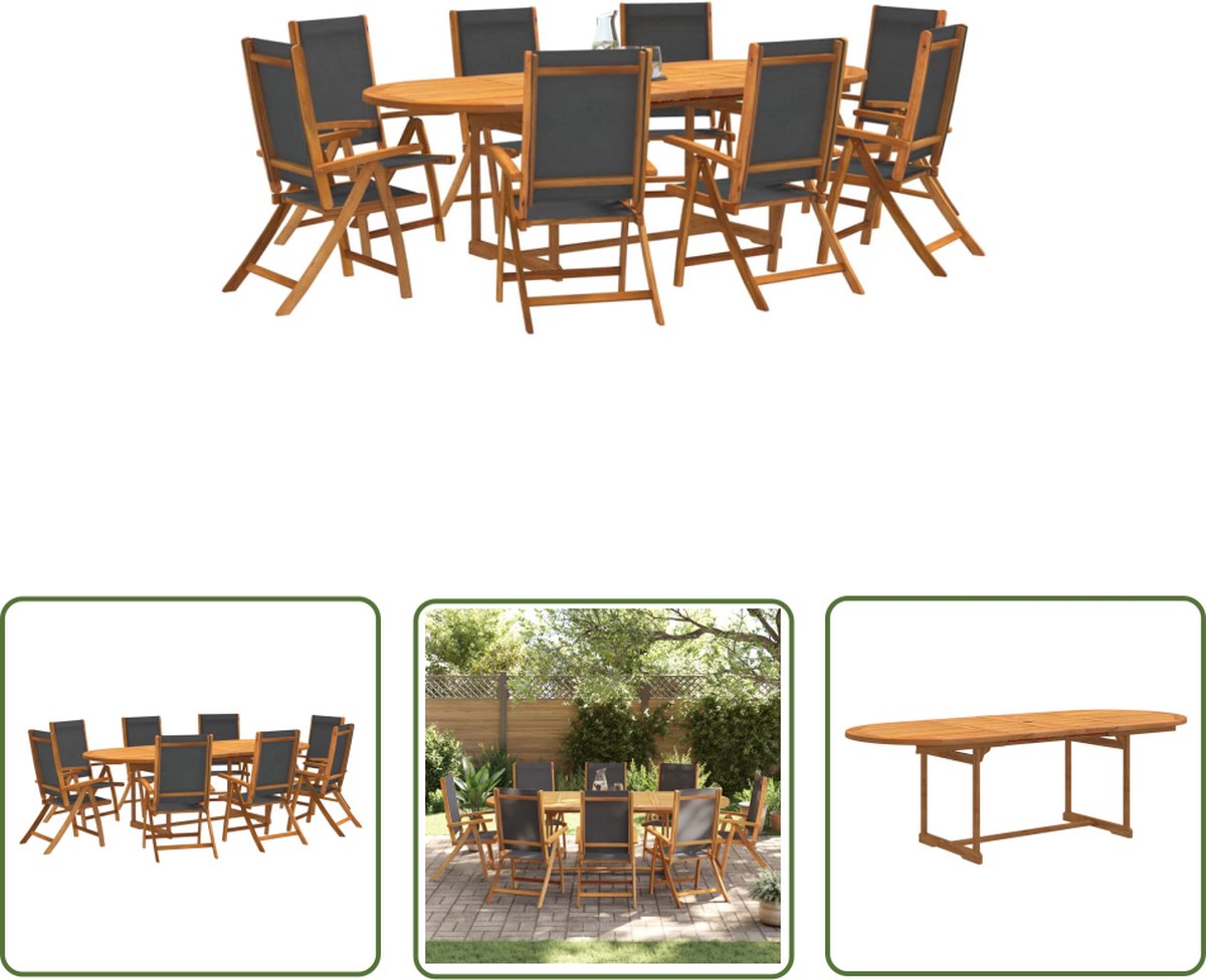 The Living Store 9-delige Tuinset massief acaciahout en textileen - Tuinmeubles - Acacia Hout - Eetkamerset - Buitentafel - Tuinstoelen