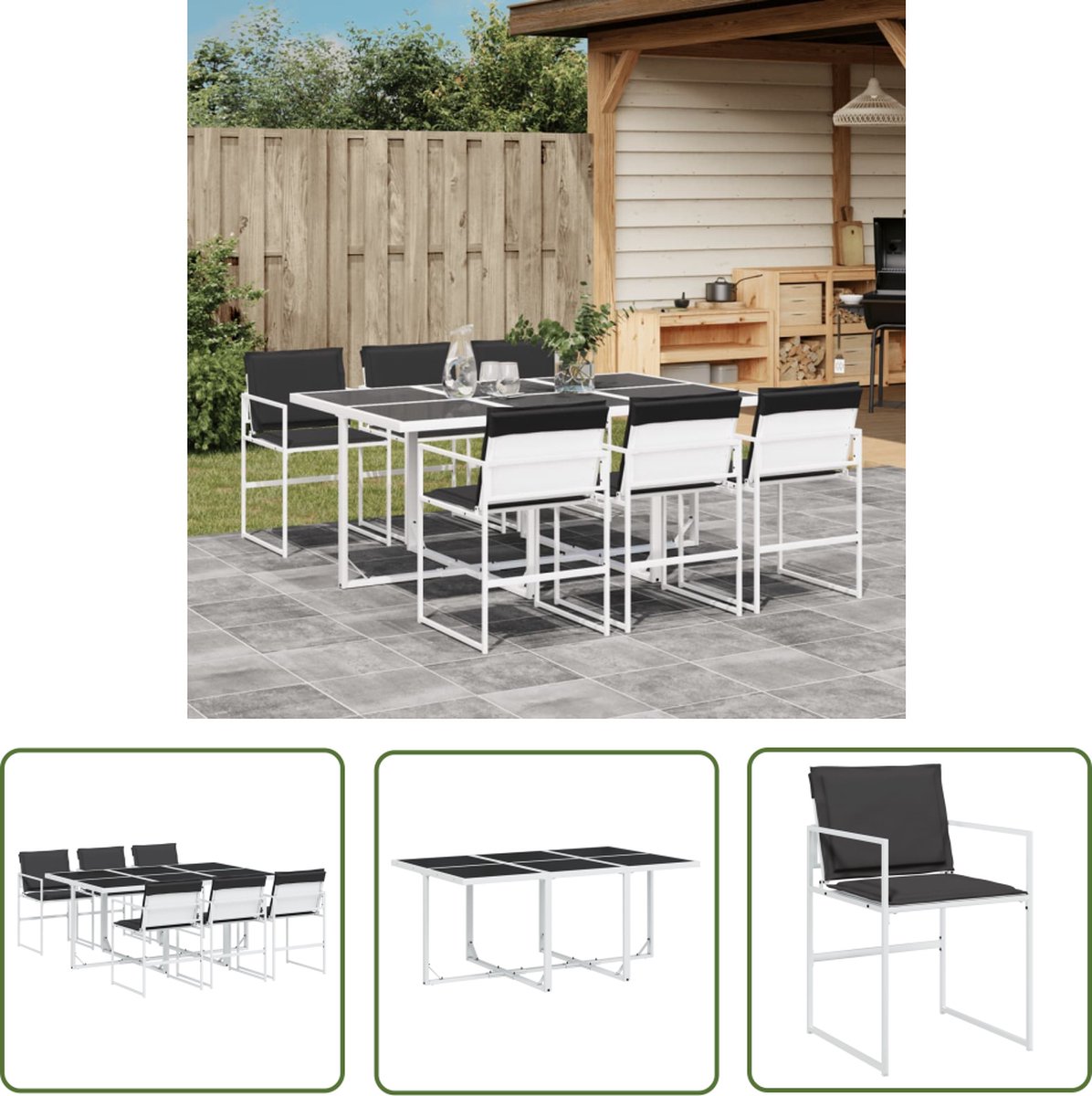 The Living Store 7-delige Tuinset met kussens textileen wit - Tuinset - Buitentafel - Eetkamerset - Lounge Set - Terrassenset
