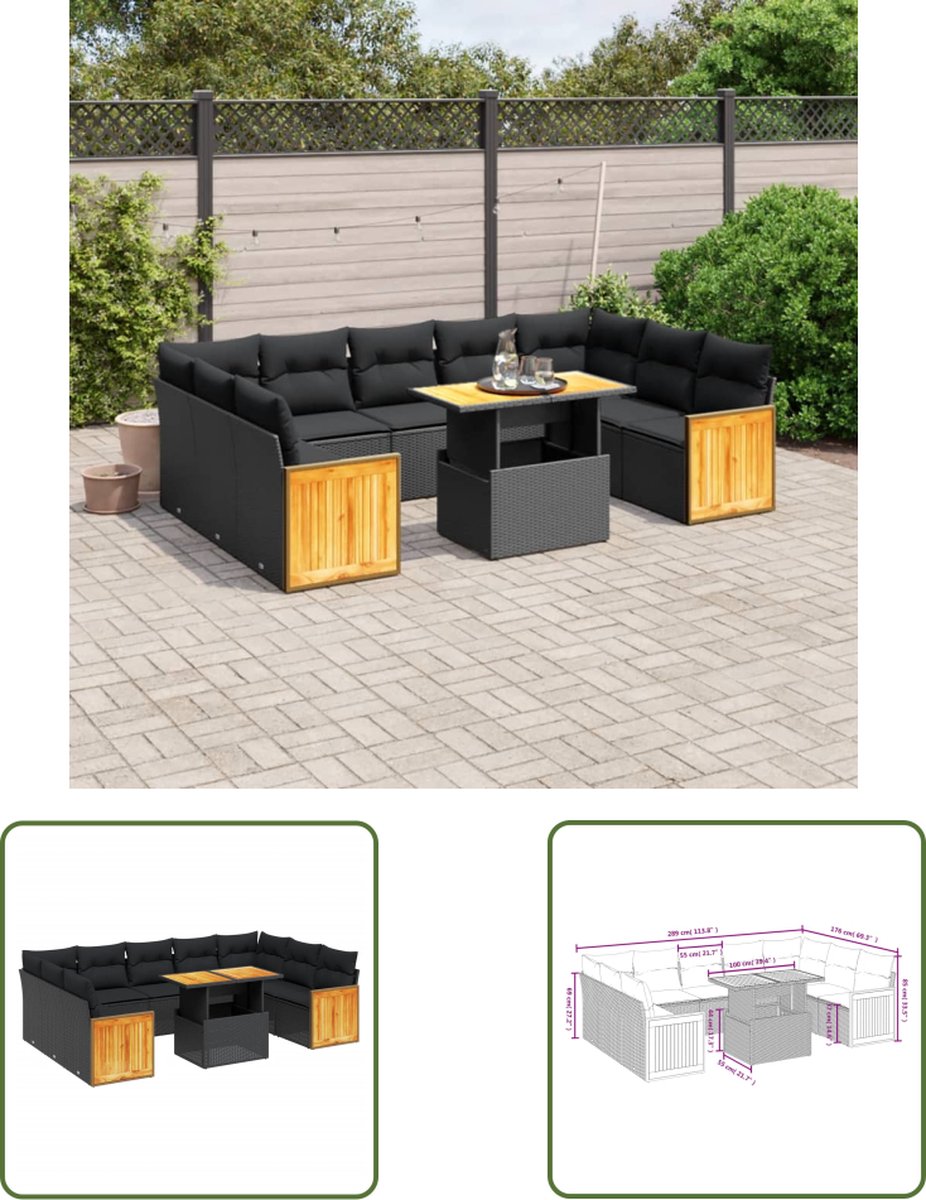 The Living Store 10-delige Loungeset met kussens poly rattan zwart - Loungebank - Lounge Set - Buitendecoratie - Tuinmeubels - PE Rattan